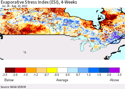 Canada Evaporative Stress Index (ESI), 4-Weeks Thematic Map For 8/14/2023 - 8/20/2023