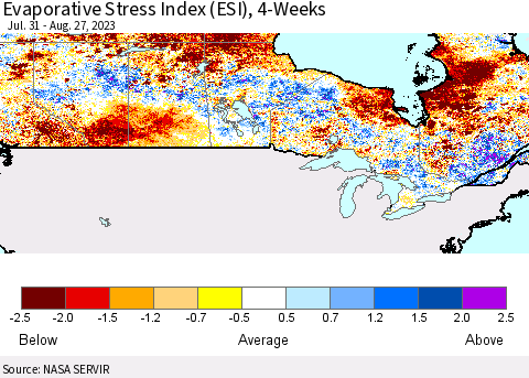 Canada Evaporative Stress Index (ESI), 4-Weeks Thematic Map For 8/21/2023 - 8/27/2023