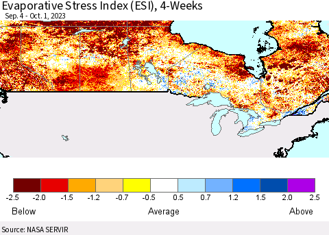 Canada Evaporative Stress Index (ESI), 4-Weeks Thematic Map For 9/25/2023 - 10/1/2023