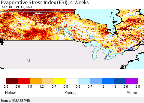 Canada Evaporative Stress Index (ESI), 4-Weeks Thematic Map For 10/9/2023 - 10/15/2023