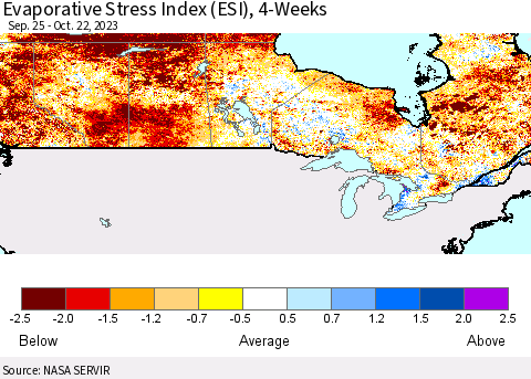 Canada Evaporative Stress Index (ESI), 4-Weeks Thematic Map For 10/16/2023 - 10/22/2023