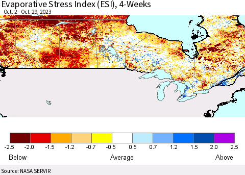 Canada Evaporative Stress Index (ESI), 4-Weeks Thematic Map For 10/23/2023 - 10/29/2023