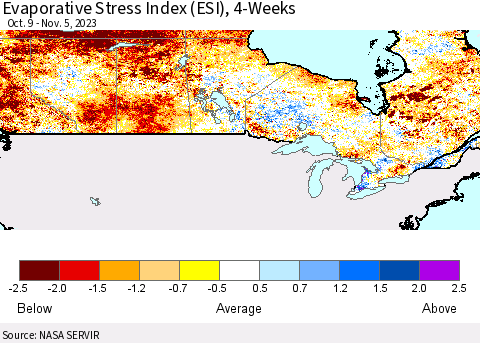 Canada Evaporative Stress Index (ESI), 4-Weeks Thematic Map For 10/30/2023 - 11/5/2023