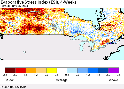Canada Evaporative Stress Index (ESI), 4-Weeks Thematic Map For 11/20/2023 - 11/26/2023