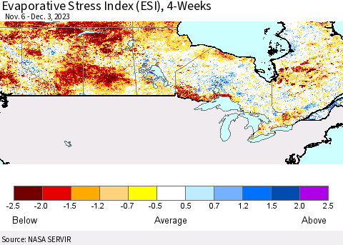 Canada Evaporative Stress Index (ESI), 4-Weeks Thematic Map For 11/27/2023 - 12/3/2023