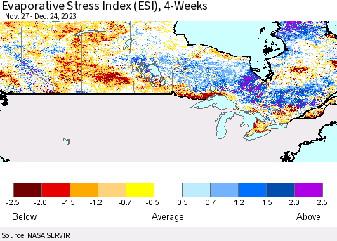 Canada Evaporative Stress Index (ESI), 4-Weeks Thematic Map For 12/18/2023 - 12/24/2023