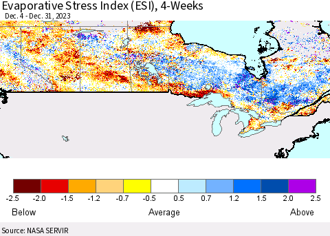 Canada Evaporative Stress Index (ESI), 4-Weeks Thematic Map For 12/25/2023 - 12/31/2023