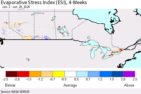 Canada Evaporative Stress Index (ESI), 4-Weeks Thematic Map For 1/29/2024 - 2/4/2024
