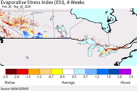 Canada Evaporative Stress Index (ESI), 4-Weeks Thematic Map For 3/18/2024 - 3/24/2024