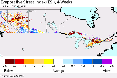 Canada Evaporative Stress Index (ESI), 4-Weeks Thematic Map For 3/25/2024 - 3/31/2024