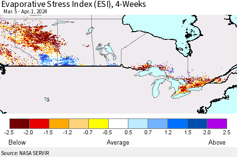 Canada Evaporative Stress Index (ESI), 4-Weeks Thematic Map For 4/1/2024 - 4/7/2024