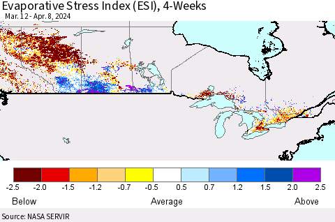 Canada Evaporative Stress Index (ESI), 4-Weeks Thematic Map For 4/8/2024 - 4/14/2024