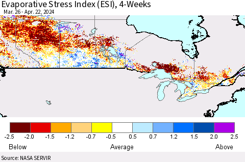 Canada Evaporative Stress Index (ESI), 4-Weeks Thematic Map For 4/22/2024 - 4/28/2024