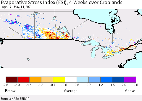 Canada Evaporative Stress Index (ESI), 4-Weeks over Croplands Thematic Map For 5/10/2021 - 5/16/2021