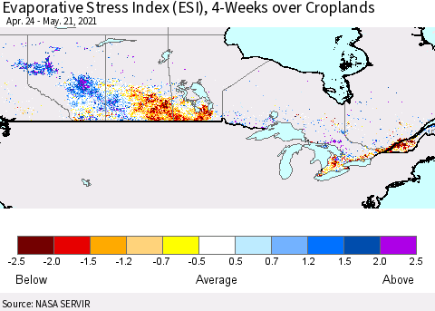 Canada Evaporative Stress Index (ESI), 4-Weeks over Croplands Thematic Map For 5/17/2021 - 5/23/2021