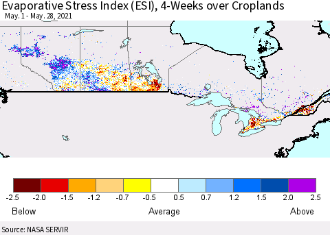 Canada Evaporative Stress Index (ESI), 4-Weeks over Croplands Thematic Map For 5/24/2021 - 5/30/2021