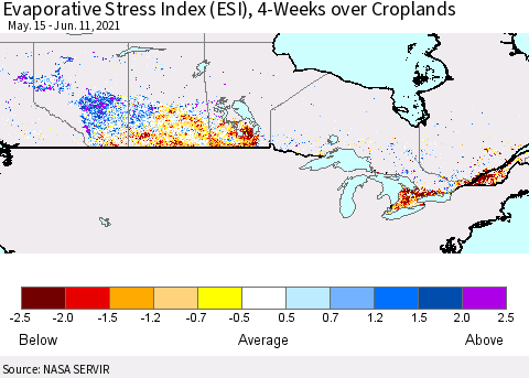 Canada Evaporative Stress Index (ESI), 4-Weeks over Croplands Thematic Map For 6/7/2021 - 6/13/2021