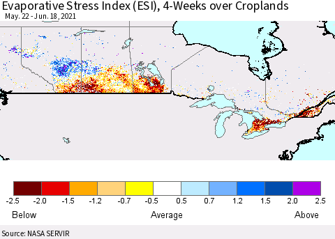 Canada Evaporative Stress Index (ESI), 4-Weeks over Croplands Thematic Map For 6/14/2021 - 6/20/2021