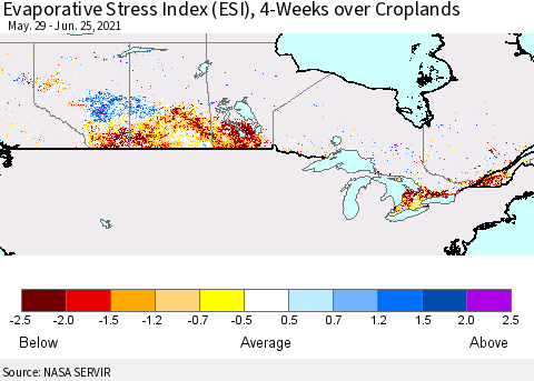 Canada Evaporative Stress Index (ESI), 4-Weeks over Croplands Thematic Map For 6/21/2021 - 6/27/2021