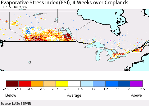 Canada Evaporative Stress Index (ESI), 4-Weeks over Croplands Thematic Map For 6/28/2021 - 7/4/2021