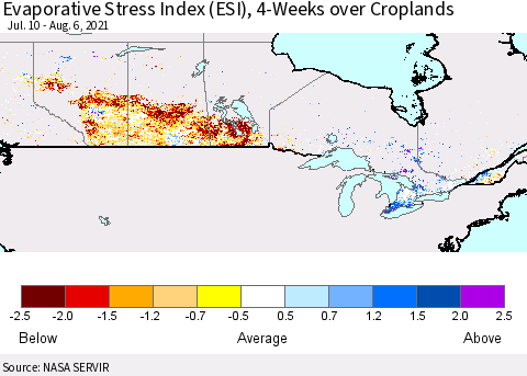 Canada Evaporative Stress Index (ESI), 4-Weeks over Croplands Thematic Map For 8/2/2021 - 8/8/2021