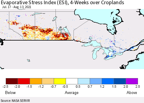 Canada Evaporative Stress Index (ESI), 4-Weeks over Croplands Thematic Map For 8/9/2021 - 8/15/2021