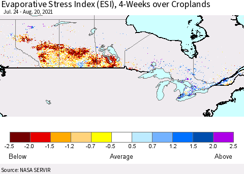 Canada Evaporative Stress Index (ESI), 4-Weeks over Croplands Thematic Map For 8/16/2021 - 8/22/2021