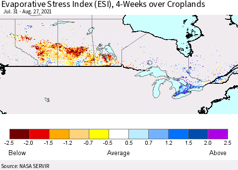 Canada Evaporative Stress Index (ESI), 4-Weeks over Croplands Thematic Map For 8/23/2021 - 8/29/2021