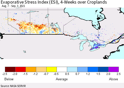 Canada Evaporative Stress Index (ESI), 4-Weeks over Croplands Thematic Map For 8/30/2021 - 9/5/2021