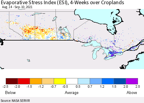 Canada Evaporative Stress Index (ESI), 4-Weeks over Croplands Thematic Map For 9/6/2021 - 9/12/2021