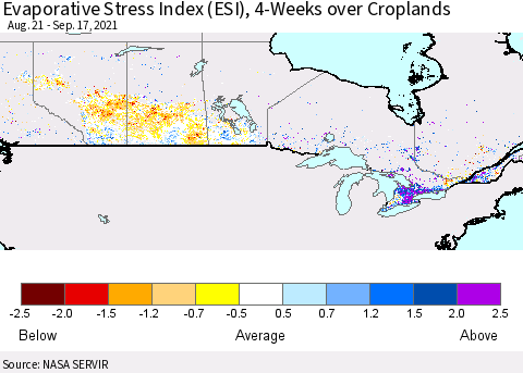 Canada Evaporative Stress Index (ESI), 4-Weeks over Croplands Thematic Map For 9/13/2021 - 9/19/2021