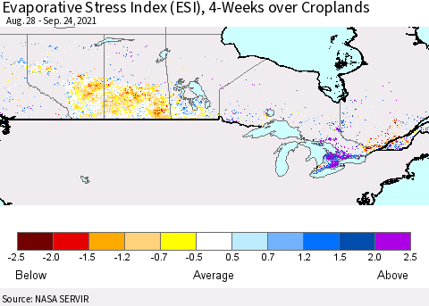 Canada Evaporative Stress Index (ESI), 4-Weeks over Croplands Thematic Map For 9/20/2021 - 9/26/2021