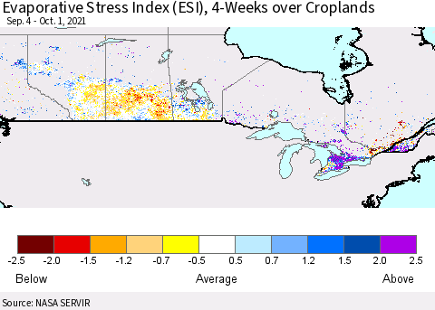 Canada Evaporative Stress Index (ESI), 4-Weeks over Croplands Thematic Map For 9/27/2021 - 10/3/2021