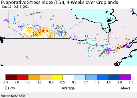 Canada Evaporative Stress Index (ESI), 4-Weeks over Croplands Thematic Map For 10/4/2021 - 10/10/2021