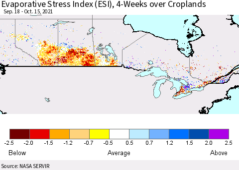 Canada Evaporative Stress Index (ESI), 4-Weeks over Croplands Thematic Map For 10/11/2021 - 10/17/2021