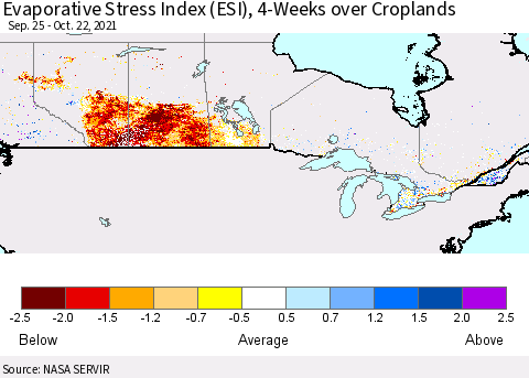 Canada Evaporative Stress Index (ESI), 4-Weeks over Croplands Thematic Map For 10/18/2021 - 10/24/2021