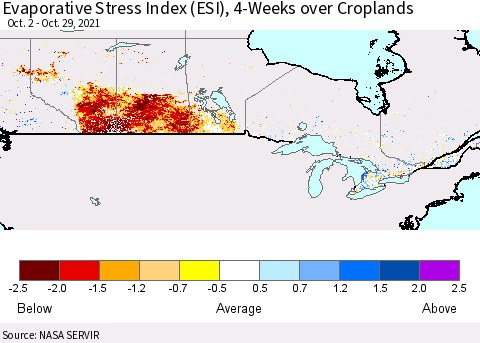 Canada Evaporative Stress Index (ESI), 4-Weeks over Croplands Thematic Map For 10/25/2021 - 10/31/2021