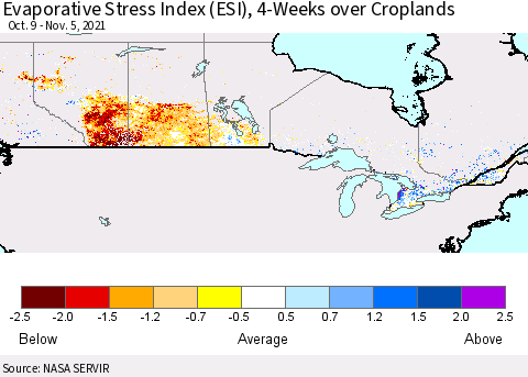 Canada Evaporative Stress Index (ESI), 4-Weeks over Croplands Thematic Map For 11/1/2021 - 11/7/2021