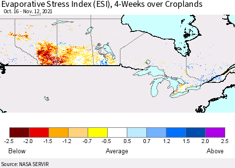 Canada Evaporative Stress Index (ESI), 4-Weeks over Croplands Thematic Map For 11/8/2021 - 11/14/2021