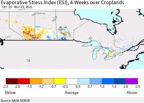 Canada Evaporative Stress Index (ESI), 4-Weeks over Croplands Thematic Map For 11/15/2021 - 11/21/2021