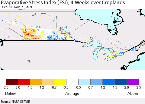 Canada Evaporative Stress Index (ESI), 4-Weeks over Croplands Thematic Map For 11/22/2021 - 11/28/2021