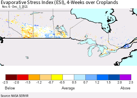 Canada Evaporative Stress Index (ESI), 4-Weeks over Croplands Thematic Map For 11/29/2021 - 12/5/2021