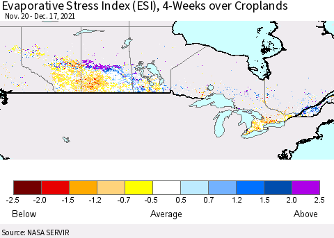 Canada Evaporative Stress Index (ESI), 4-Weeks over Croplands Thematic Map For 12/13/2021 - 12/19/2021