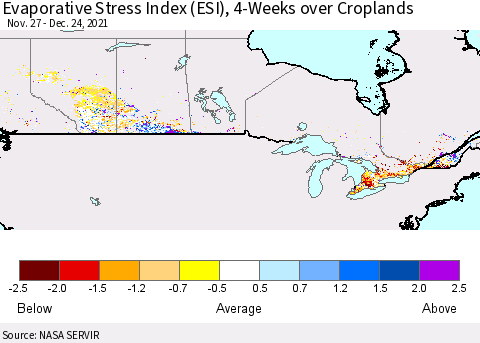 Canada Evaporative Stress Index (ESI), 4-Weeks over Croplands Thematic Map For 12/20/2021 - 12/26/2021