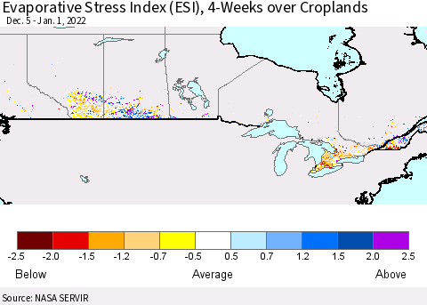 Canada Evaporative Stress Index (ESI), 4-Weeks over Croplands Thematic Map For 12/27/2021 - 1/2/2022