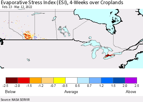 Canada Evaporative Stress Index (ESI), 4-Weeks over Croplands Thematic Map For 3/7/2022 - 3/13/2022