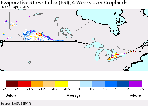 Canada Evaporative Stress Index (ESI), 4-Weeks over Croplands Thematic Map For 3/28/2022 - 4/3/2022
