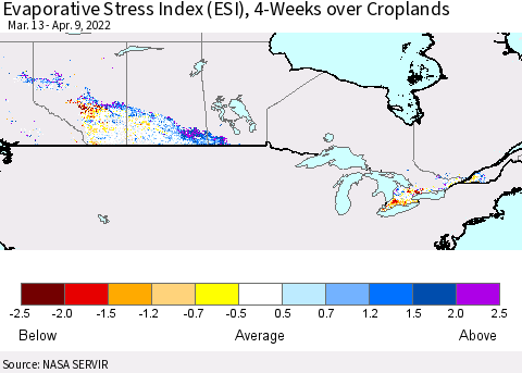 Canada Evaporative Stress Index (ESI), 4-Weeks over Croplands Thematic Map For 4/4/2022 - 4/10/2022