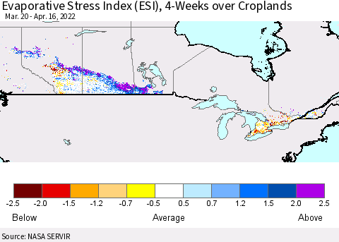 Canada Evaporative Stress Index (ESI), 4-Weeks over Croplands Thematic Map For 4/11/2022 - 4/17/2022