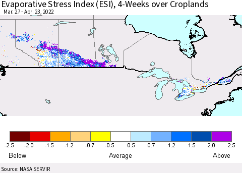 Canada Evaporative Stress Index (ESI), 4-Weeks over Croplands Thematic Map For 4/18/2022 - 4/24/2022